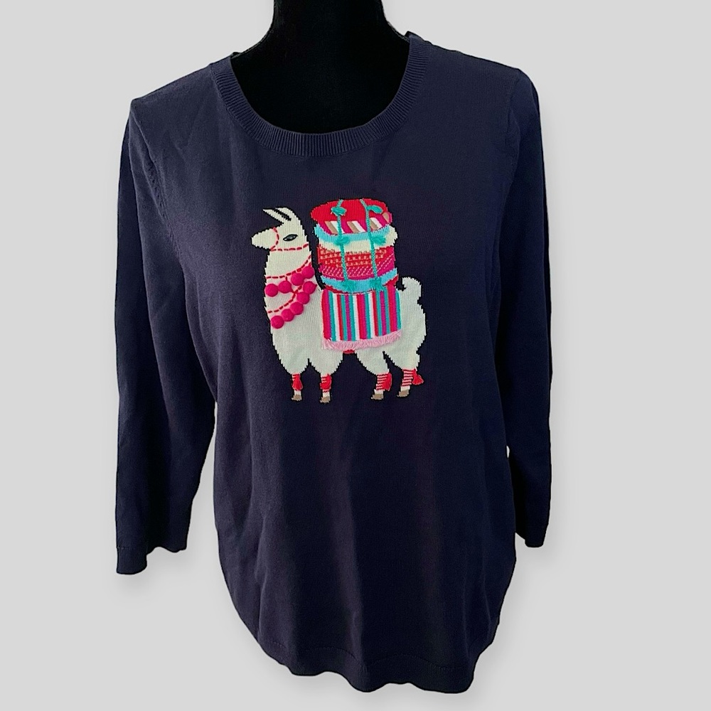 Talbots NEW women’s petite alpaca embellished crew neck 3/4 sleeve sweater navy - Picture 2 of 7